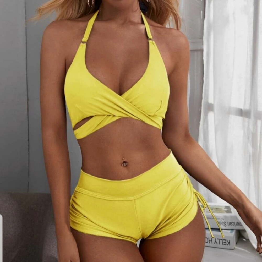 Criss Cross Drawstring Shorts Bikini Swimsuit
